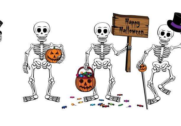 Scoliosis: No Tricks – Just Helpful Care 1 Three cartoon skeletons trick-or-treating with jack-o-lantern buckets and a Happy Halloween sign